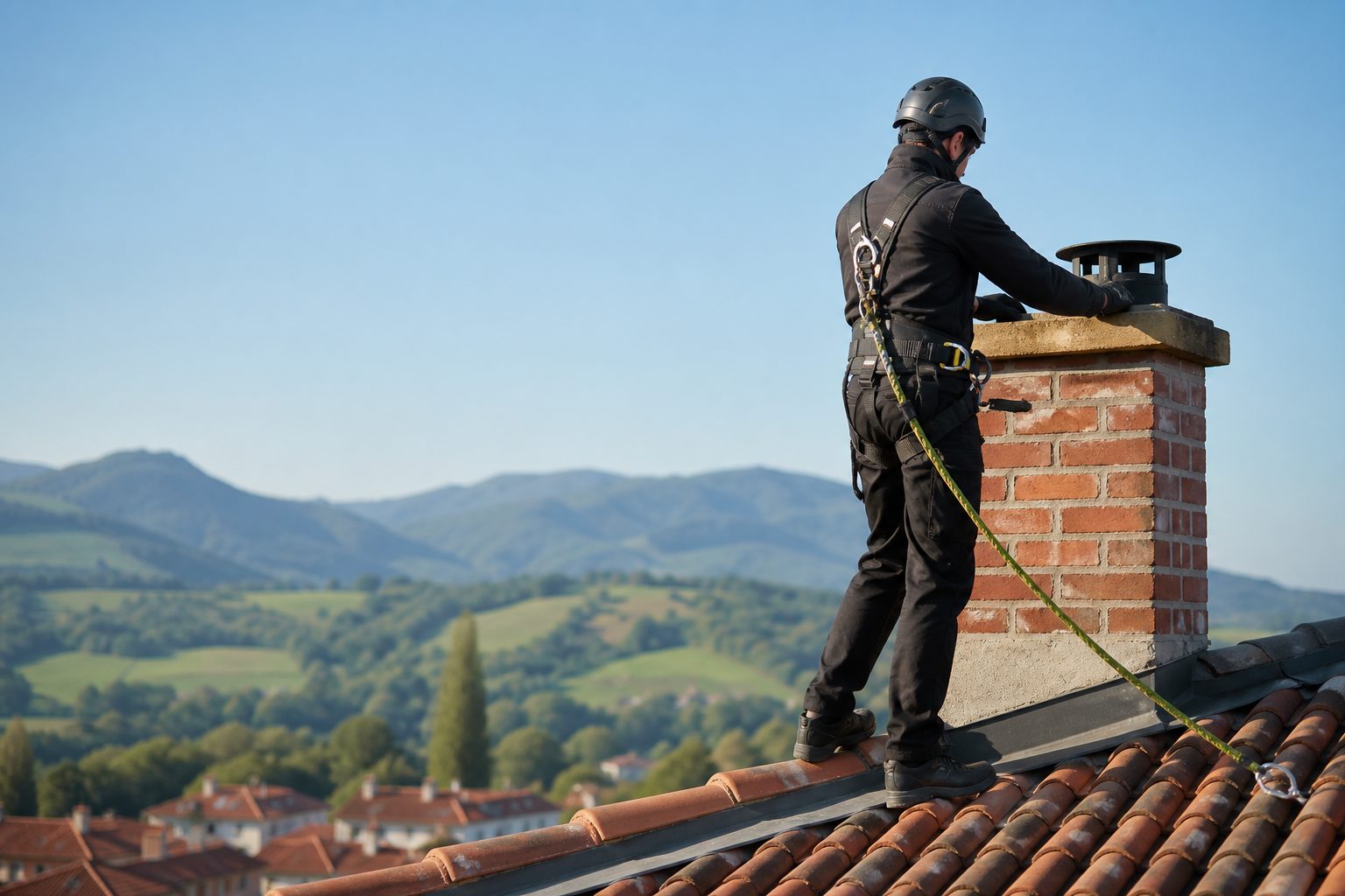 Ramoneur sécurisé sur un toit, intervention sur conduit au Pays Basque